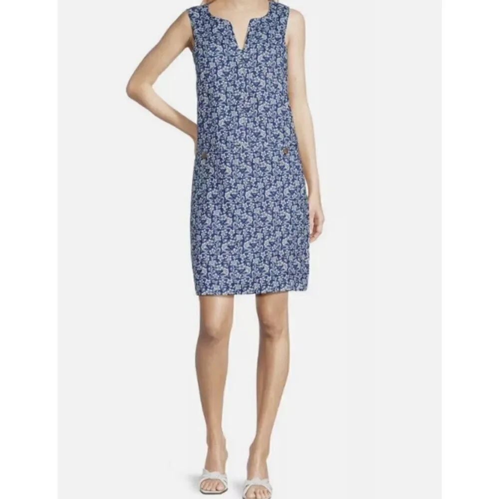J. McLaughlin Rue Navy Blue Linen Floral Sleeveless Shift Dress XS NEW $218